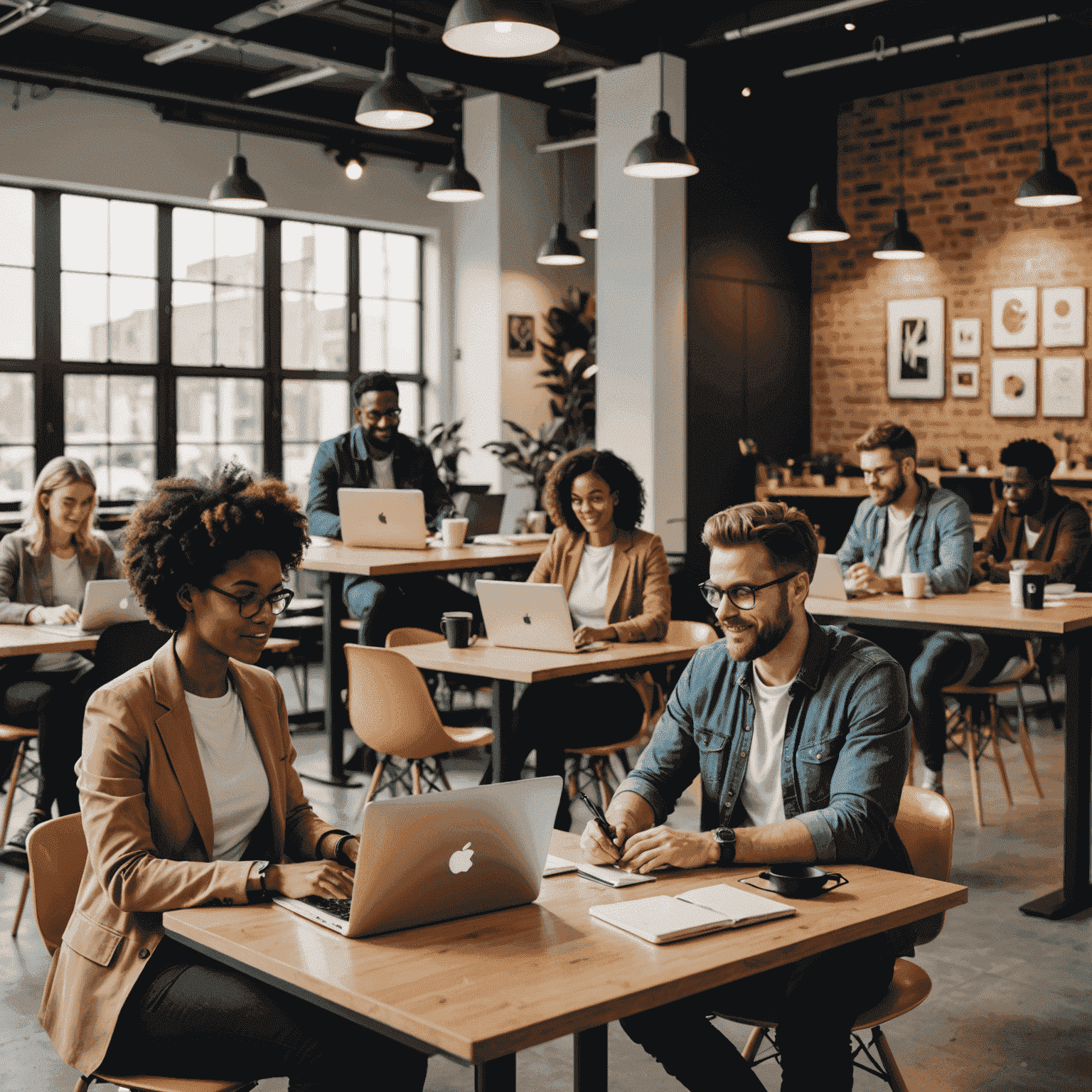 Profesionales diversos trabajando en línea, utilizando laptops y dispositivos móviles en un espacio de coworking moderno