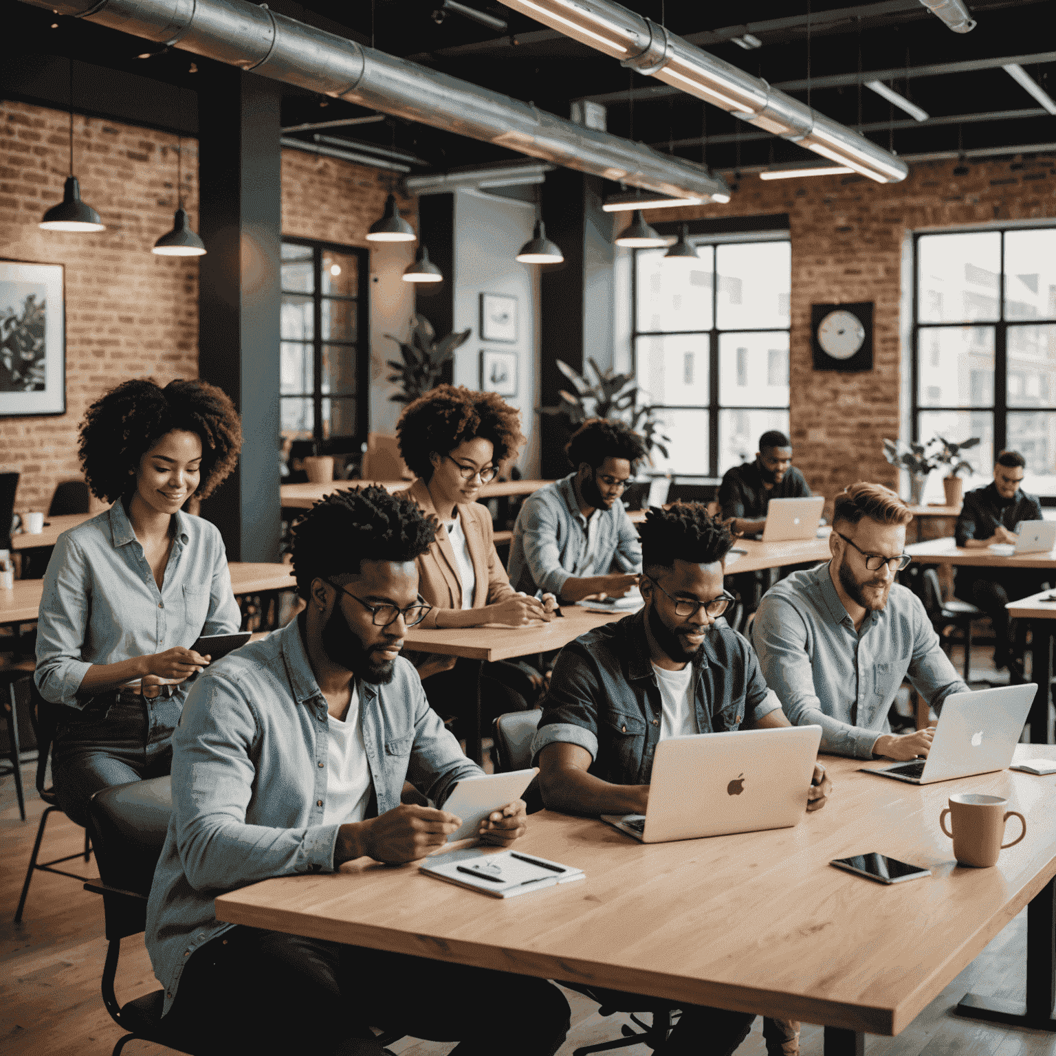 Grupo diverso de profesionales trabajando remotamente en un espacio de coworking moderno, utilizando laptops y tablets