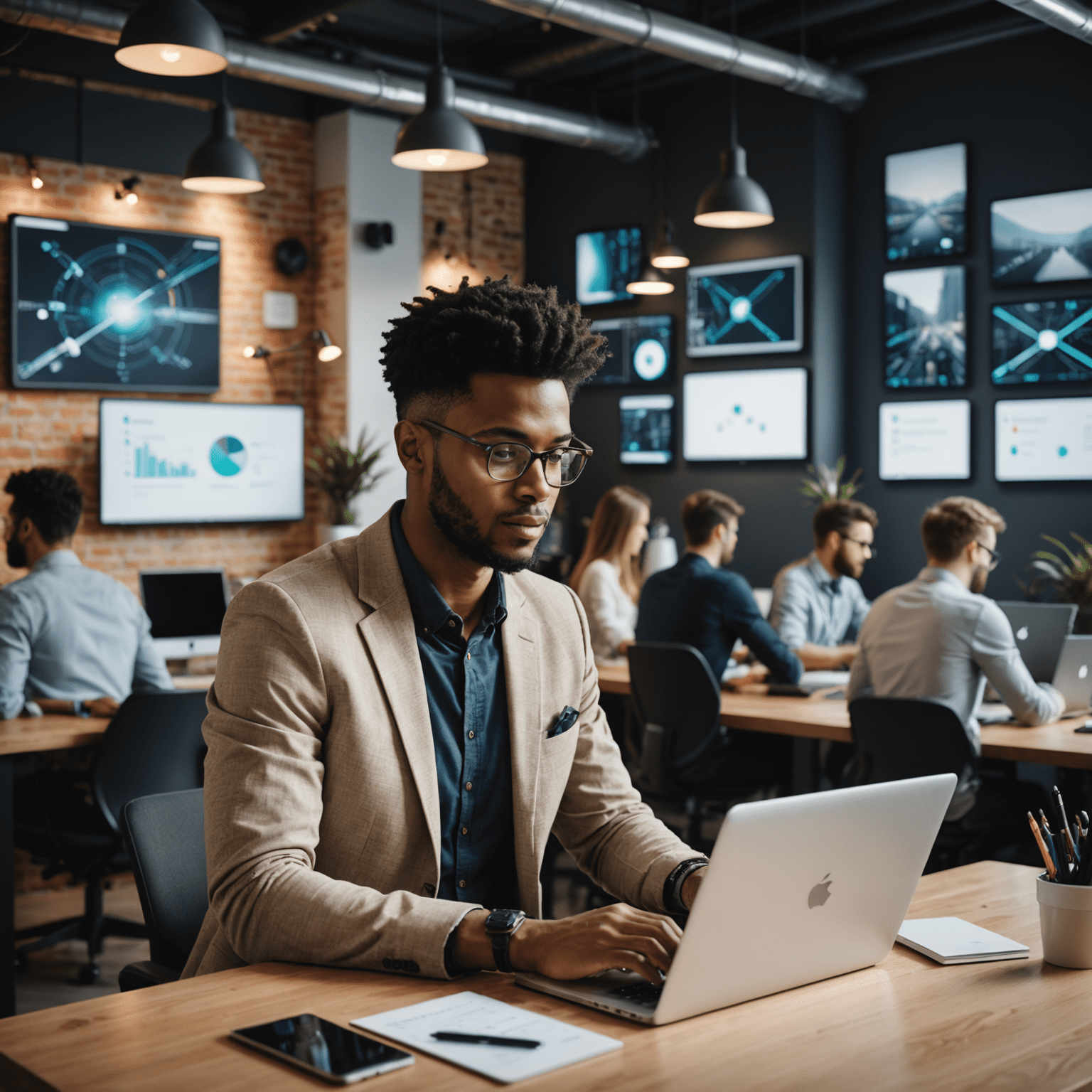 Profesional joven trabajando en una computadora portátil en un espacio de coworking moderno, rodeado de elementos que representan el trabajo digital como pantallas, dispositivos móviles y gráficos de datos