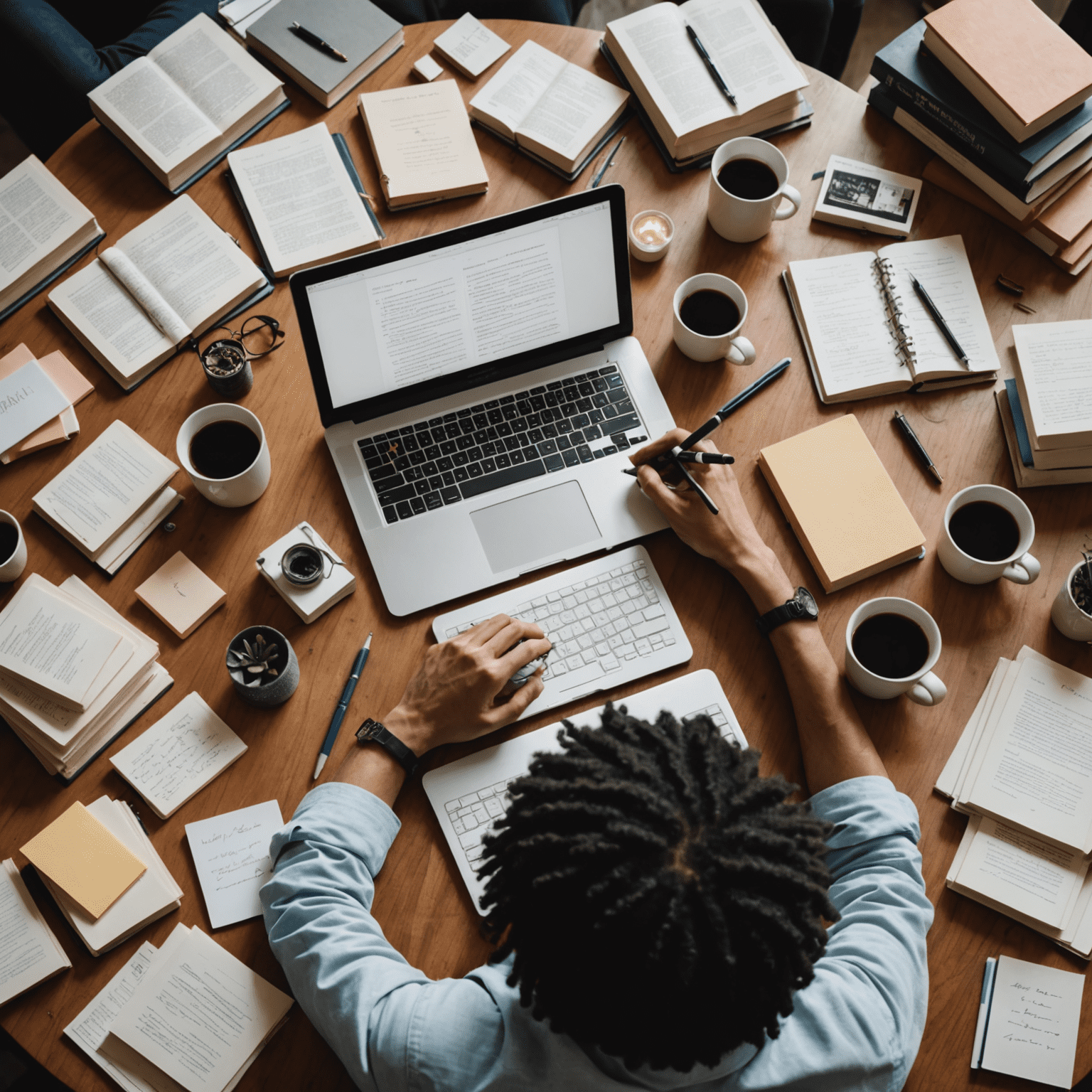 Imagen de una persona escribiendo en un ordenador portátil, rodeada de libros y notas, representando trabajos de redacción freelance