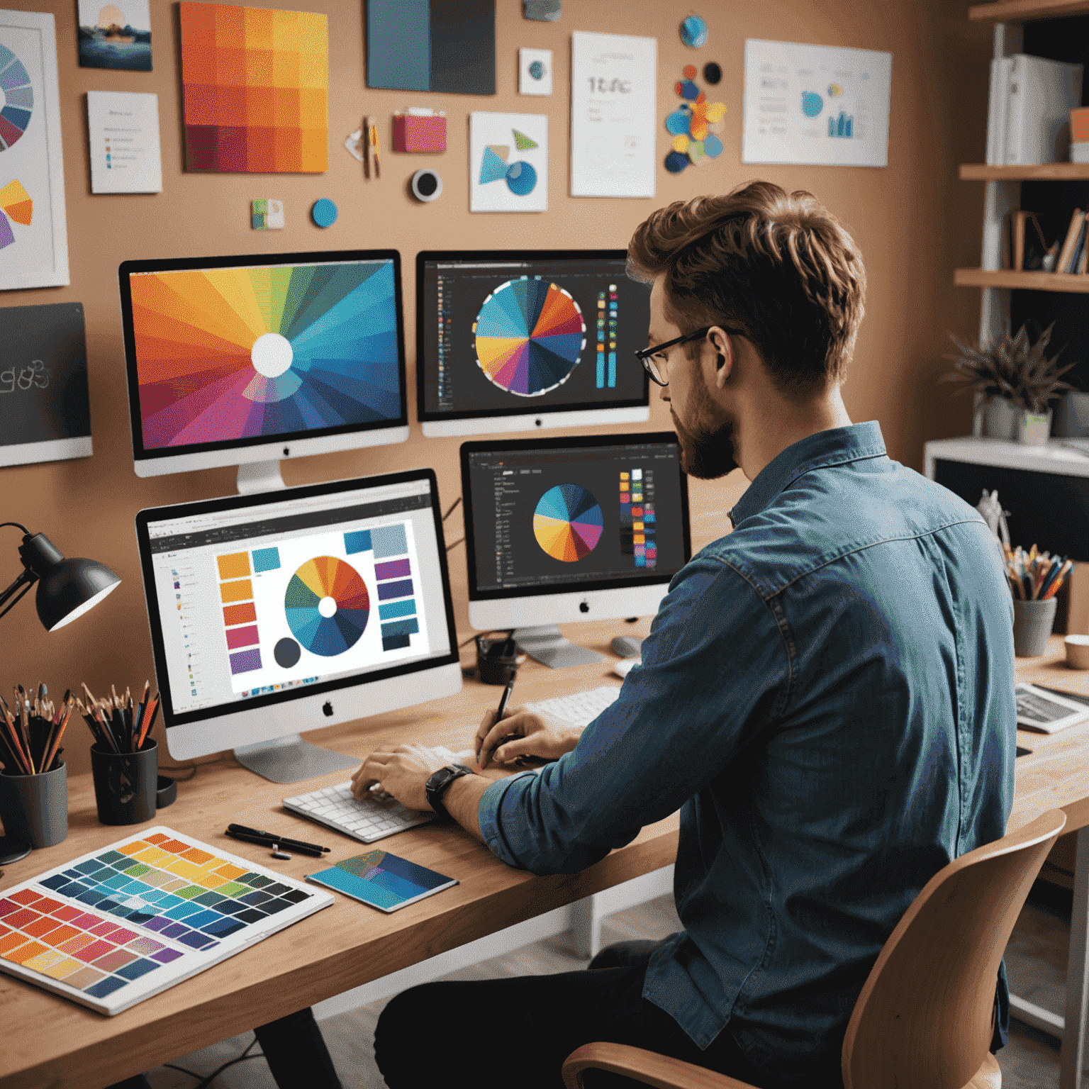 Diseñador gráfico trabajando en un logotipo en su computadora, rodeado de herramientas de diseño digital y muestras de color