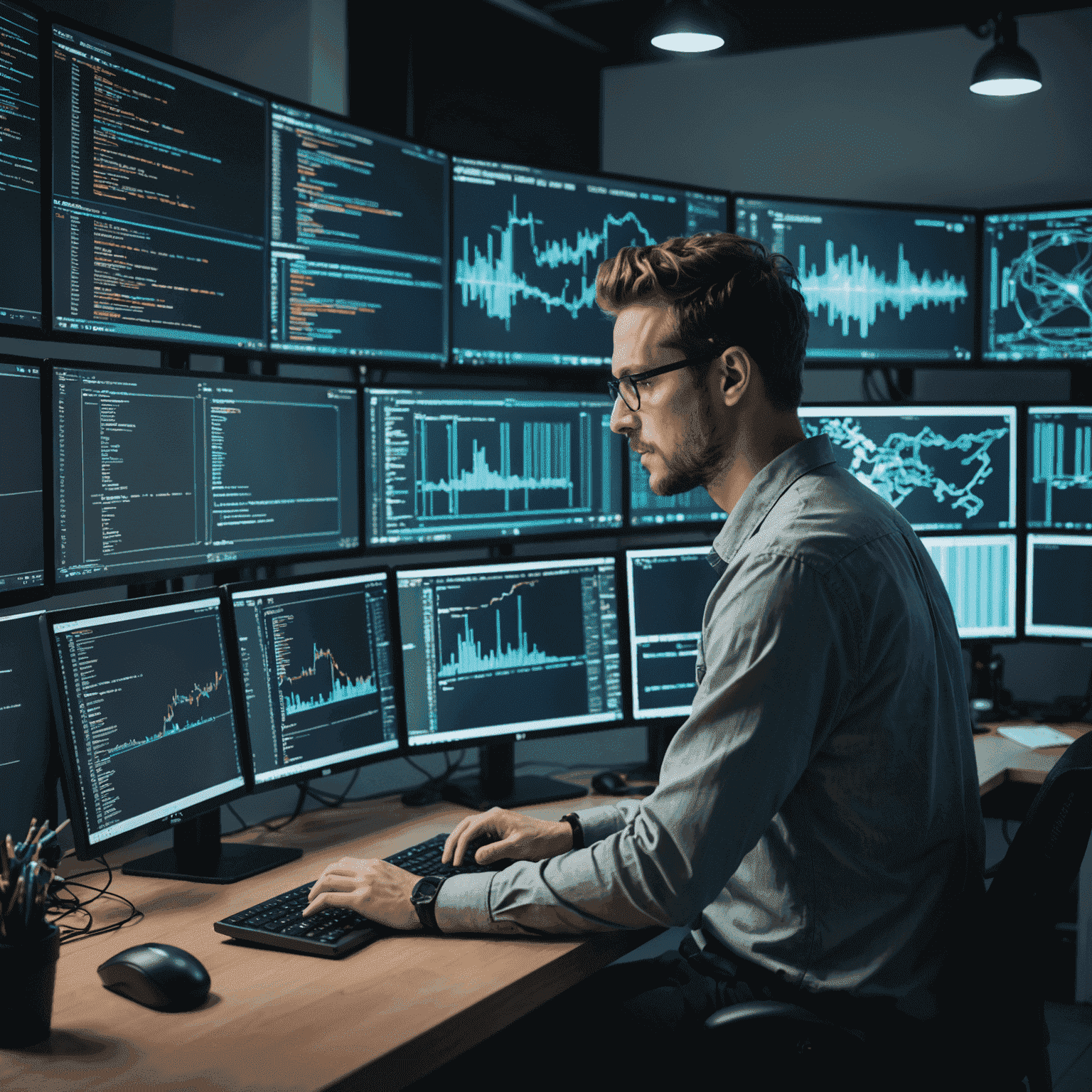 Desarrollador de software trabajando en su computadora, rodeado de múltiples pantallas mostrando código y diagramas de flujo