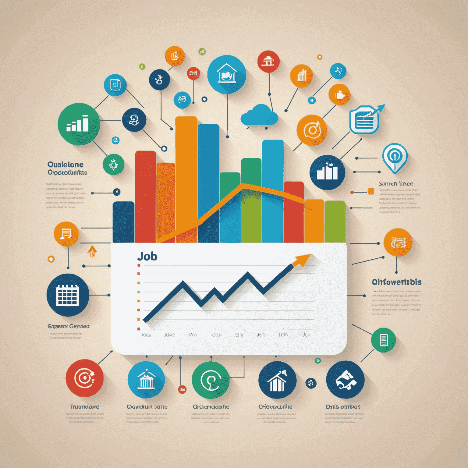 Gráfico que muestra el crecimiento de oportunidades de trabajo en línea, con iconos de diferentes industrias y una línea ascendente