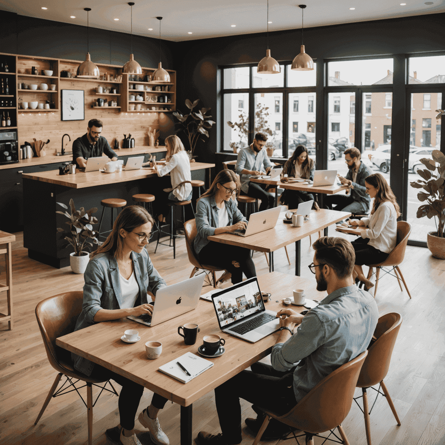 Imagen que muestra a profesionales trabajando remotamente desde diferentes lugares, como cafeterías, hogares y espacios de coworking, utilizando laptops y dispositivos móviles.