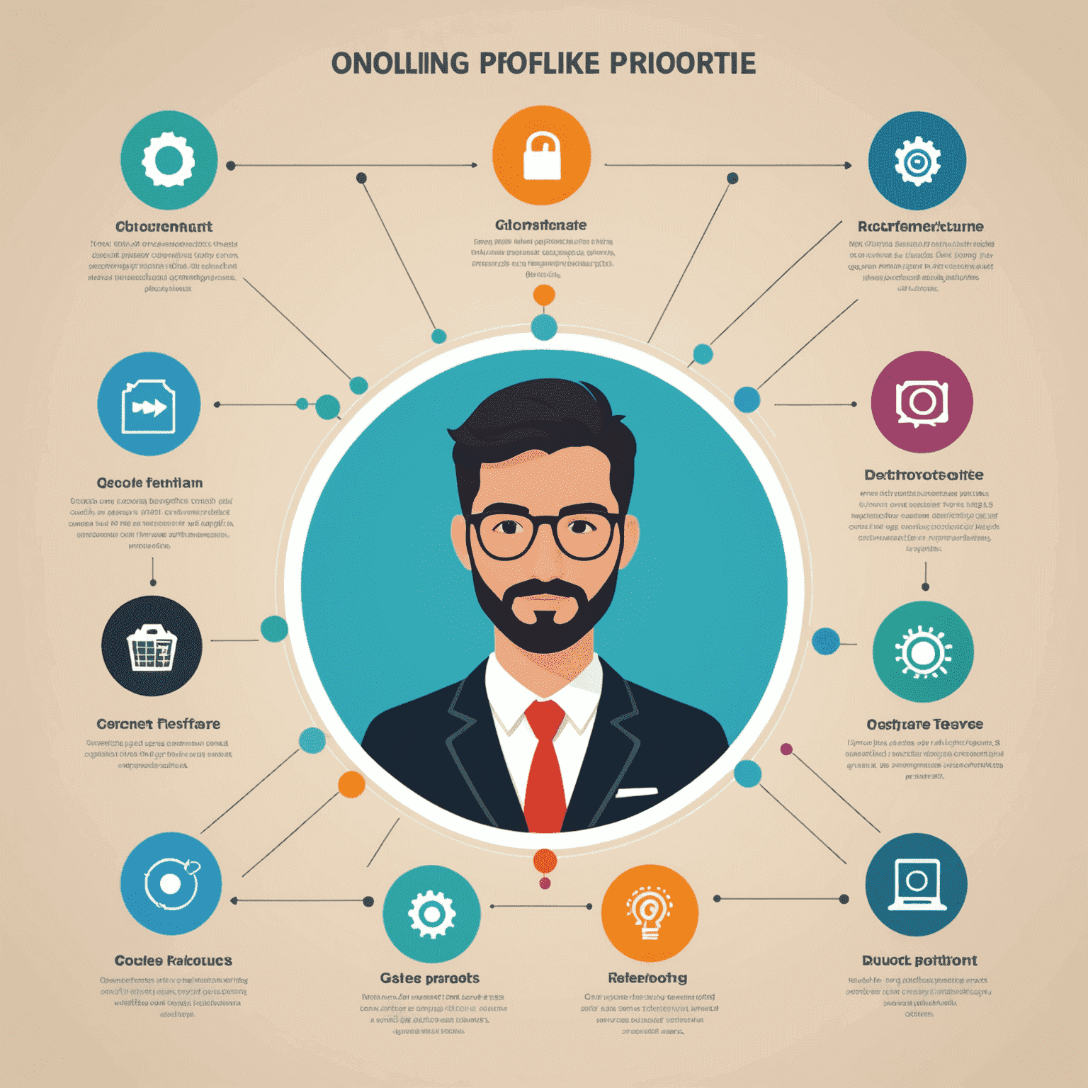 Infografía que muestra pasos clave para mejorar el perfil profesional en línea, incluyendo iconos de portafolio, habilidades, reseñas y networking.