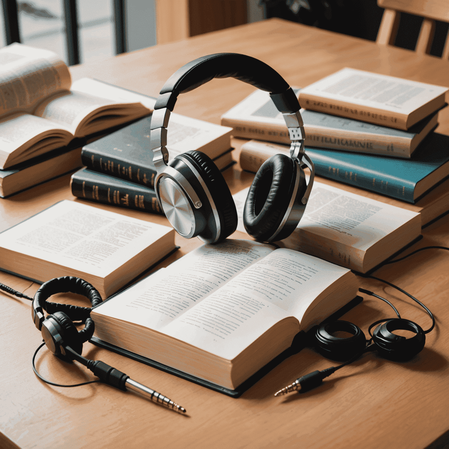 Imagen de libros multilingües y auriculares, simbolizando servicios de traducción e interpretación en línea